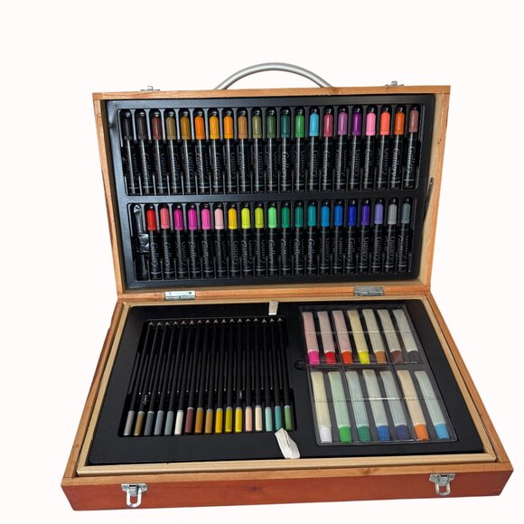 Gallery Wooden Art Supply Box Set 129 Pieces Paints Brushes Pastels Pencils - Ga - Picture 5 of 16